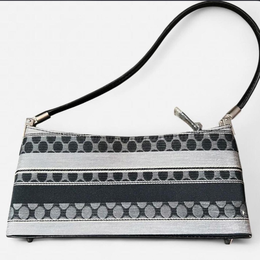 Vintage Black and Silver Small Handbag Striped and Circles faux leather